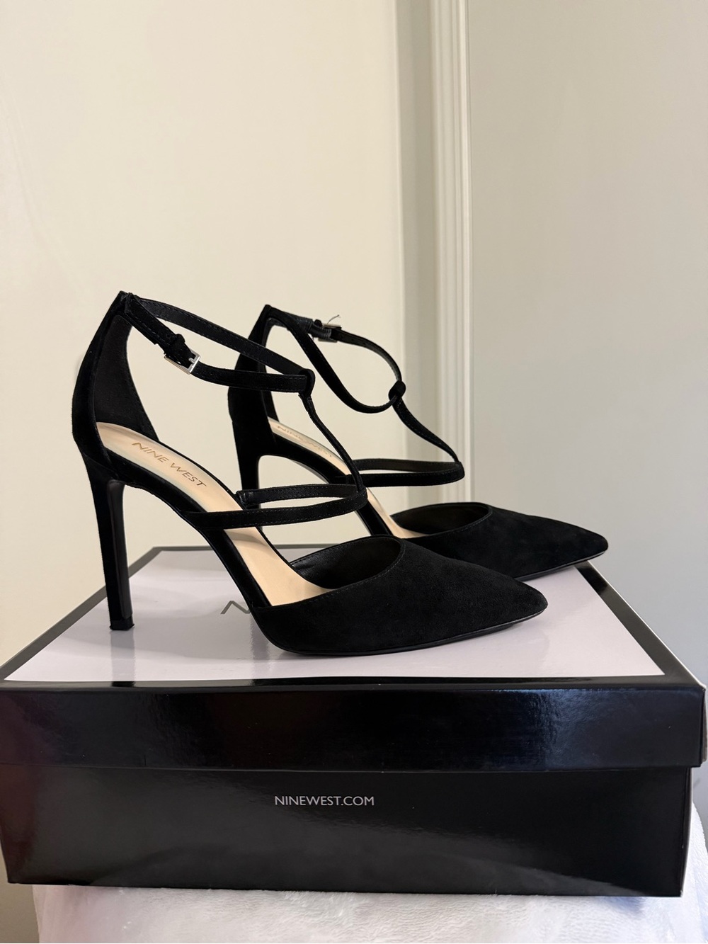 Nine West Black Suede Pointed Toe Strappy Stiletto Heels